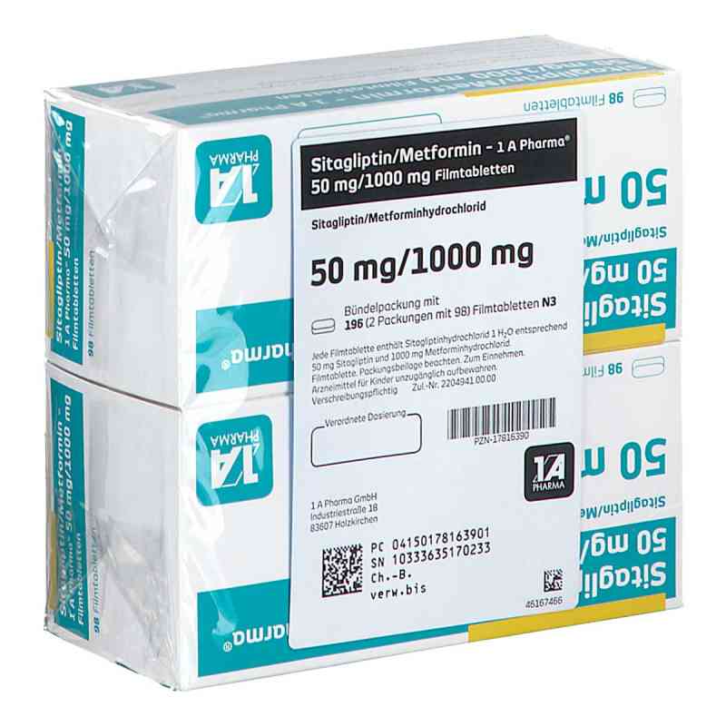 Sitagliptin/metformin-1a Pharma 50 Mg/1000 Mg Fta 196 stk von 1 A Pharma GmbH PZN 17816390