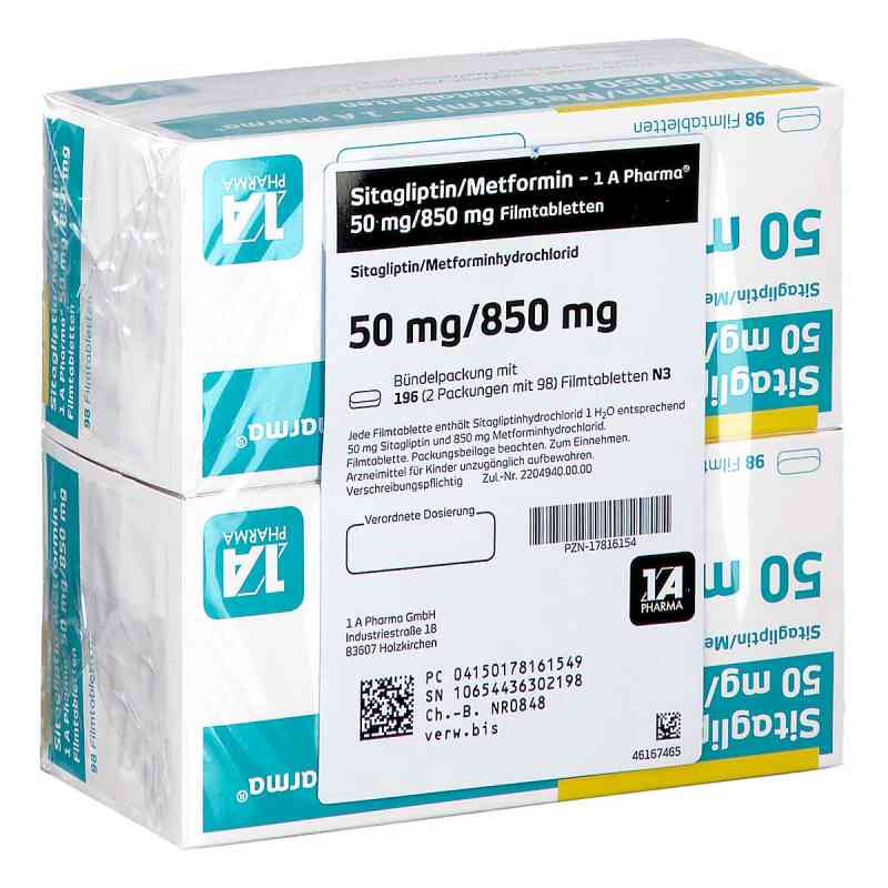 Sitagliptin/metformin-1a Pharma 50 Mg/850 Mg Fta 196 stk von 1 A Pharma GmbH PZN 17816154